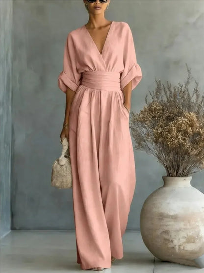 Summer Sexy Deep V-neck Short Sleeve Jumpsuits Elegant Women Solid High Waist Rompers Casual Sleeveless Wide Leg Pants Jumpsuit