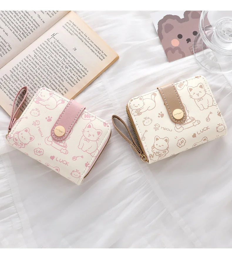 Cute Cat Coin Purse Women Fashion Short Wallet PU Leather Large Capacity Wallet Lightweight ID Card Holder Travel Cash Coin Bag