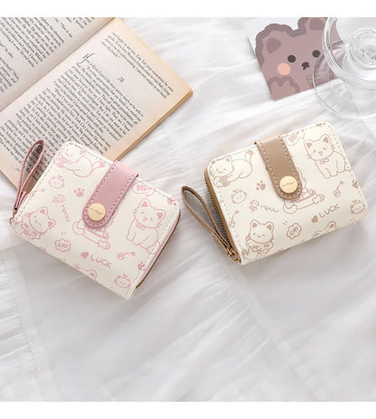 Cute Cat Coin Purse Women Fashion Short Wallet PU Leather Large Capacity Wallet Lightweight ID Card Holder Travel Cash Coin Bag