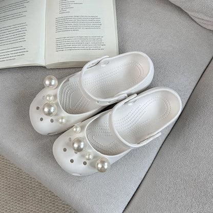 Clogs Summer Slippers Women Luxury Pearl Metal Flower Mary Janes Designer Ballet Shoes Girls Corc Charms Sandals Indoor Outdoor