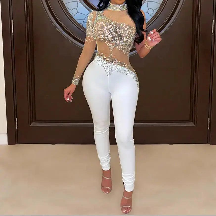 Sexy Club Jumpsuits for Women Rhinestone Decor Sheer Mesh Long Sleeved Party Birthday Outfits Nightclub Romper Overalls 2024