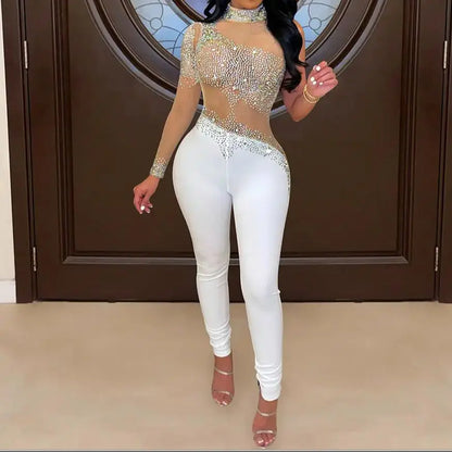 Sexy Club Jumpsuits for Women Rhinestone Decor Sheer Mesh Long Sleeved Party Birthday Outfits Nightclub Romper Overalls 2024