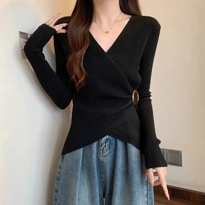 Women Wrap V Neck Ribbed Knit Top Metal Ring Buckle Flare Long Sleeve Slim Sweater