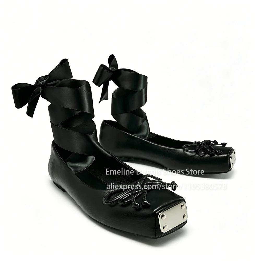 Metallic Square Toe Ankle Wrap Bow Ballet Flats PU Leather Lace up Gothic Street Club Party Plus Size Casual Shoes for Women