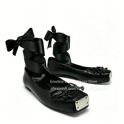 Metallic Square Toe Ankle Wrap Bow Ballet Flats PU Leather Lace up Gothic Street Club Party Plus Size Casual Shoes for Women
