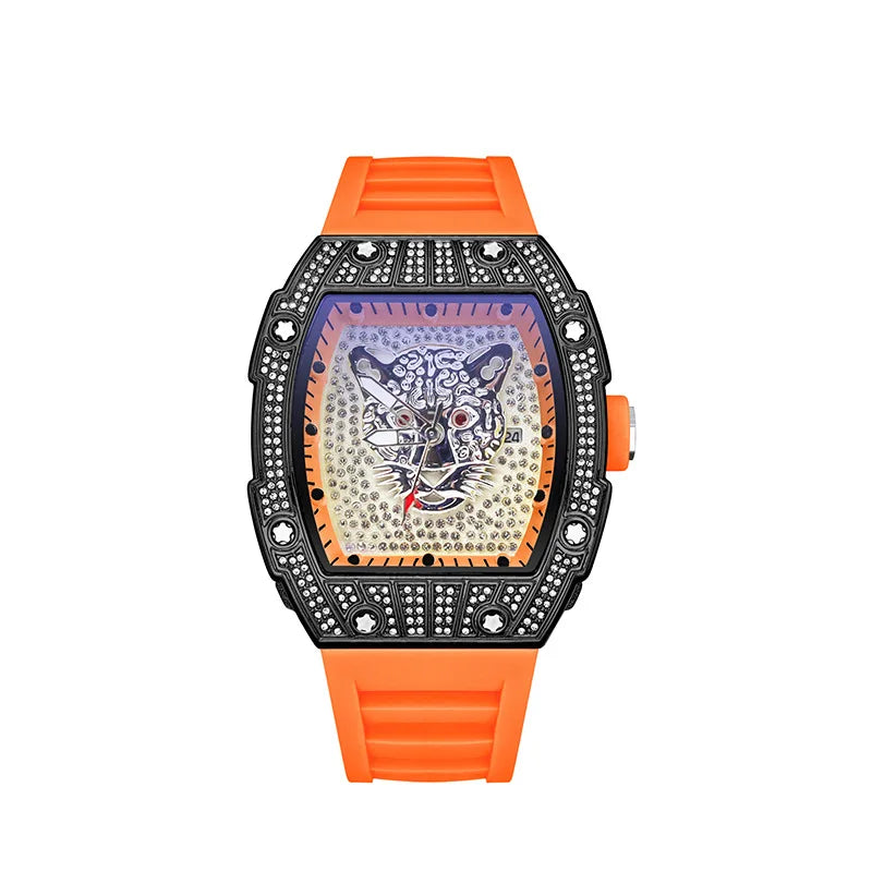Tonneau Hollow Diamond Leopard Dial Quartz Watch Men Luxury Luminous Fashion Waterproof Rubber Sport Watches Men Steel Men Clock