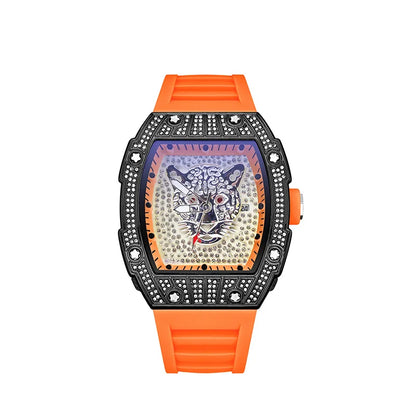 Tonneau Hollow Diamond Leopard Dial Quartz Watch Men Luxury Luminous Fashion Waterproof Rubber Sport Watches Men Steel Men Clock
