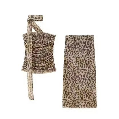 HH Women Leopard Print 2 Piece Outfit Midi Skirt Suit Sexy Summer Backless Strapless Crop Top Fashion Elegant Beach Party Sets