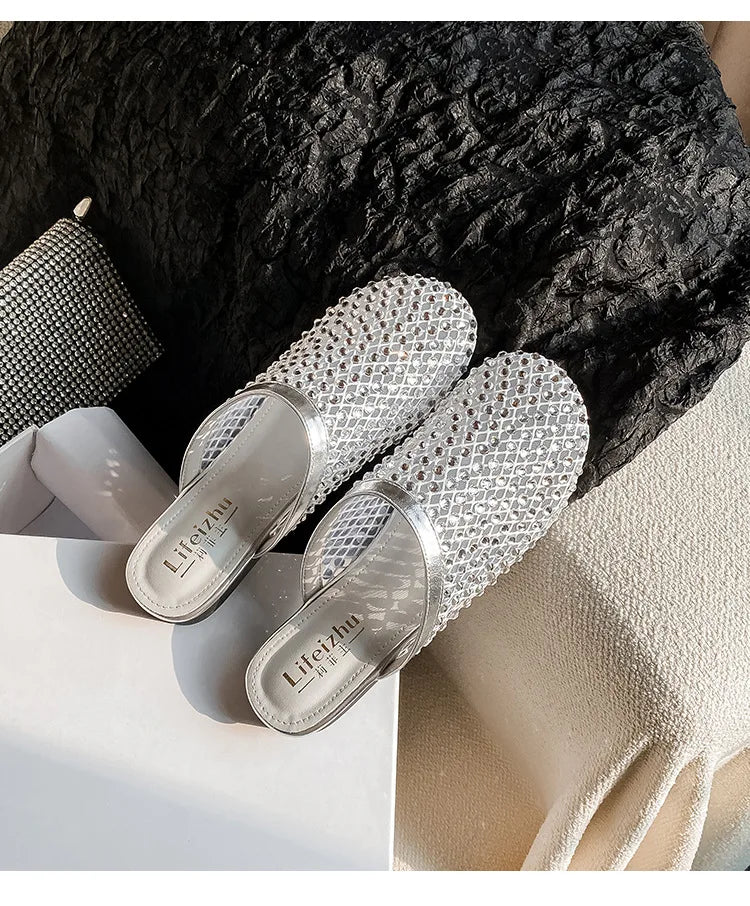 Summer Shoes for Women Slippers Luxury Rhinestone Rivets Casual Sandals Mesh Slip-on Loafers