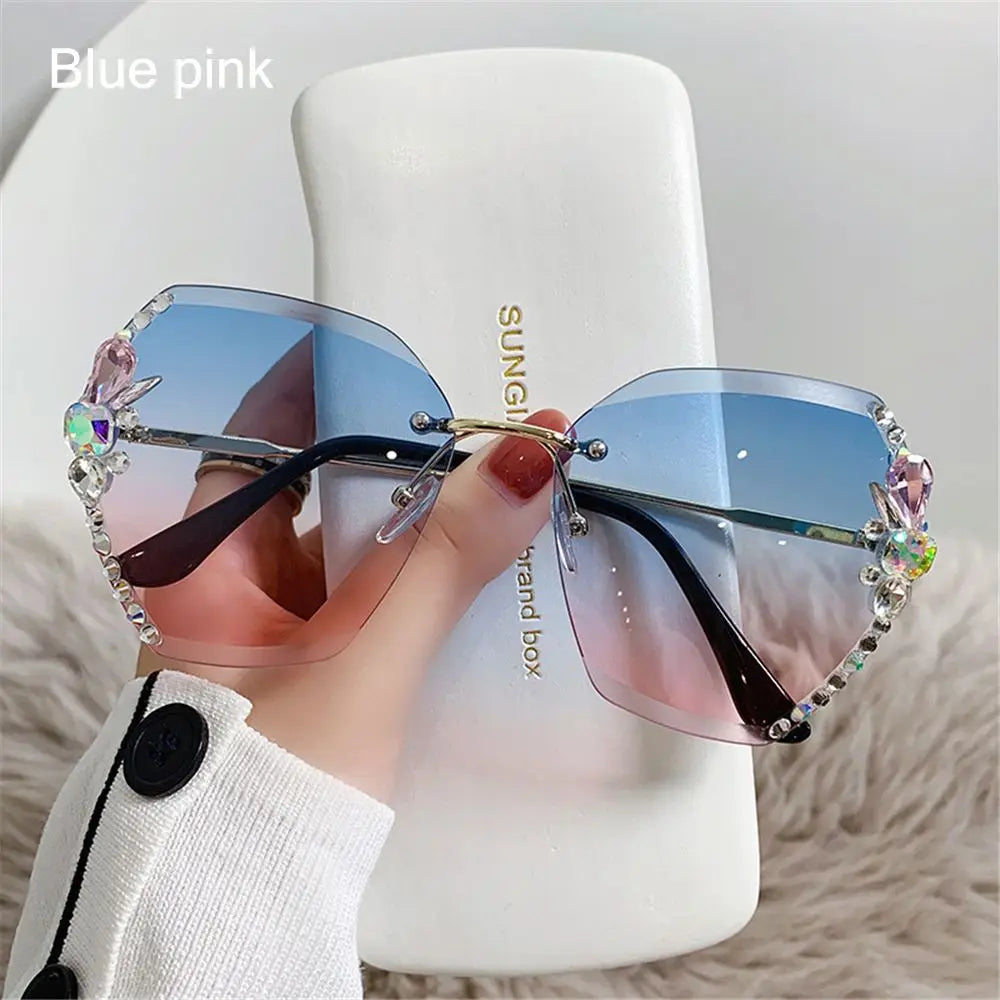 Vintage Cutting Lens UV400 Women Sun Glasses Gradient Rimless Sunglasses Rhinestone Sunglasses