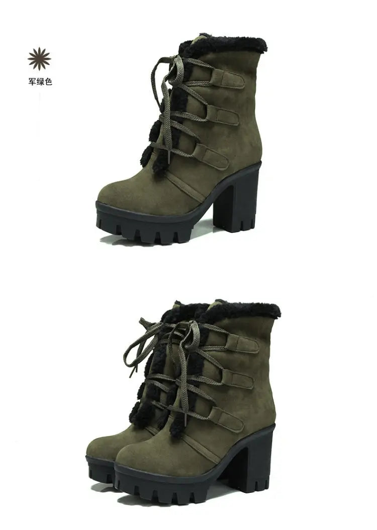 Winter Warm Girls Boots Fashion Lace Up Platform High Heels Women Ankle Boots Cosplay Casaul Party Fur Warm Women Boots Shoes 43