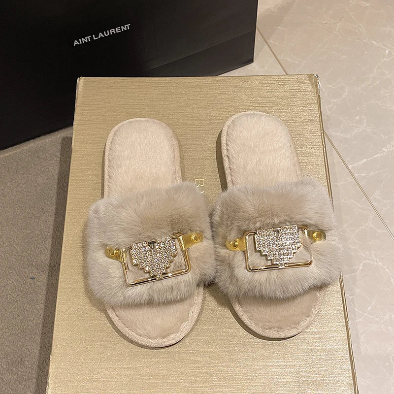Love Chain Fluffy Women's Slippers Home Fashion Luxury Designer Shoes Woman Autumn Winter Faux Fuzzy Fur Slides Indoor Elegant