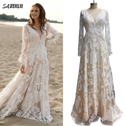 Bohemian  Long Puffy Sleeves Elopement Bridal Gowns Allover Lace Wedding Dress  A Line V Neck Tassel Boho Beach Bride Dresses