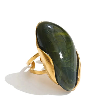 Yhpup New Design Brown Green Beige Resin Geometric Adjustable Ring Golden PVD Stainless Steel Rust Proof Finger Jewelry Gift