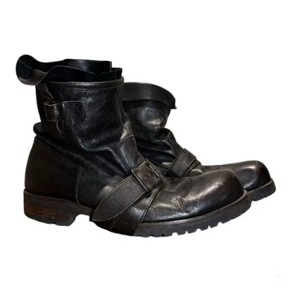 Retro Darkened Belt Buckle Motorcycle Boots Trendy for Both Men and Women Mid-calf Pleated Side Zipper Western Cowboy Boots