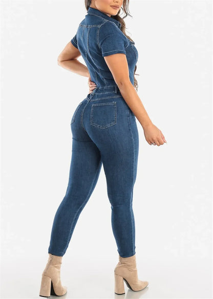 Women's Spring New Sexy Fashion Slim-fit Denim Rompers Short Sleeve Lapel Single Breasted Denim Rompers Pencil Pants Jumpsuit