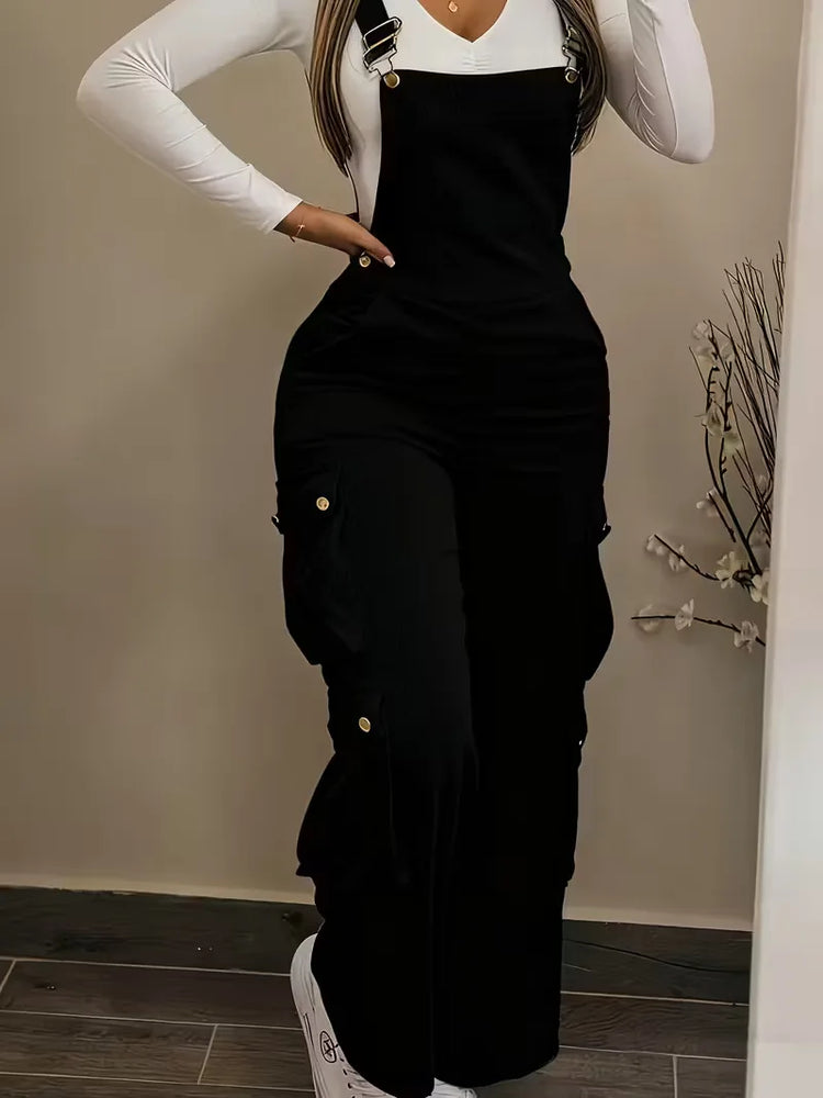 Y2K Casual Solid Strappy Bodysuit Sexy High Waist Ribbed Corduroy Overalls Spring Summer Cargo Pocket Wide Leg Women's Jumpsuits