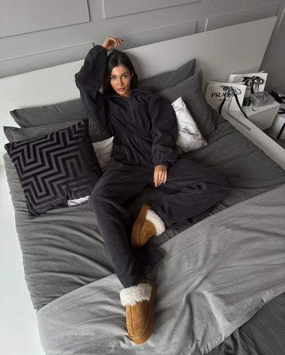 FSMG Casual Long Sleeve Half-Zip Sports Jumpsuits Women's Solid Loose Lapel Elastic Waist Tracksuits Comfy One-Piece Lounge Set