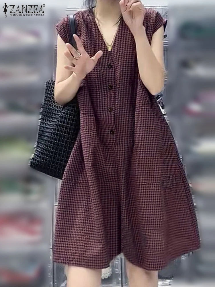 2025 ZANZEA Fashion Women Wide Leg Jumpsuits Summer Plaid Checked Overalls Pants Casual V Neck Sleeveless Work Rompers Oversize
