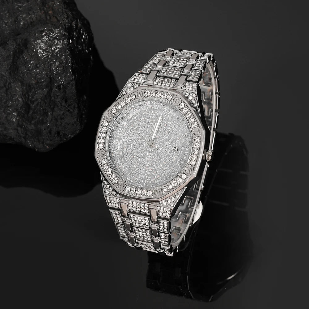 2pcs Men's Silvery Watch Jewelry Set Hip-hop Punk Inlaid Diamond Octagon Watch+Tennis Chain Bracelet Stylish Men Women Gift Set