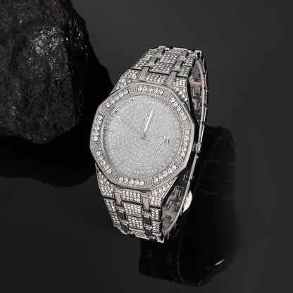 2pcs Men's Silvery Watch Jewelry Set Hip-hop Punk Inlaid Diamond Octagon Watch+Tennis Chain Bracelet Stylish Men Women Gift Set
