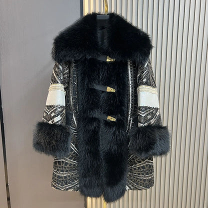 2025 Autumn Winter New Faux Fox Fur Coat Fashionable Stylish Korean Version Heavy Sequins Trendy Women's Jacket Furry Coat