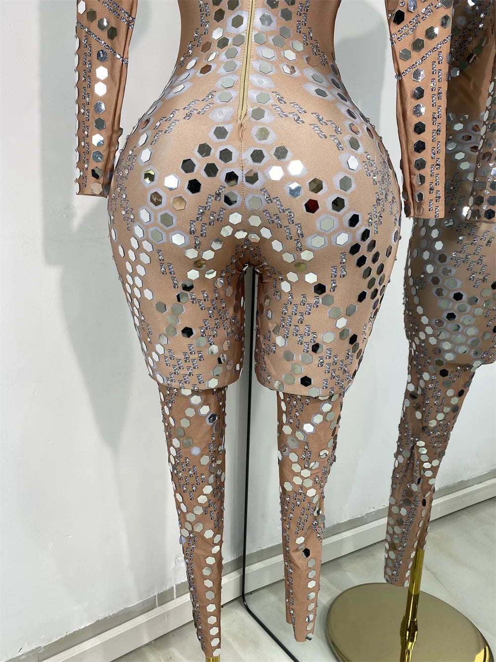 Women Sexy Spandex Tight Jumpsuit Long Sleeve Mirrors Cosplay Costume Nightclub Dancer Outfit Performance Stage Wear