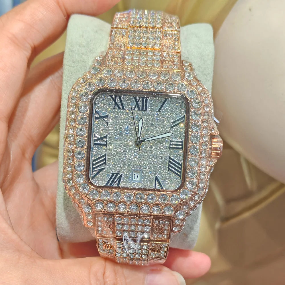 Classic Blue Black Iced Out Quartz Watch Men Full Diamond Watch Male Sliver Vintage Square Shaped Hip Hop Man AAA Clock Reloj