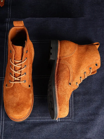 Vintage Handmade Genuine Leather Boots Male Lace Up Outside High Top Shoes Round Toe Mens Suede Cowskin Motorcycle Short Boots