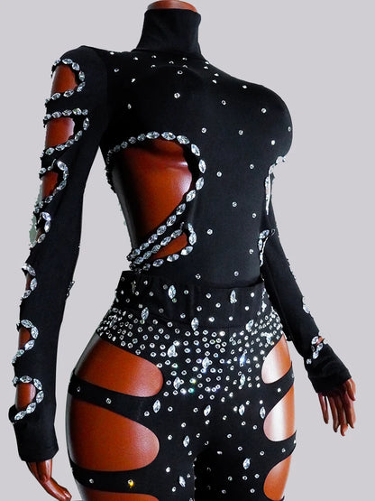 Drag Queen Outfit Sparkly Black Hollow Sexy 2 Piece Crystal Women Evening Prom Celebrate Birthday NightClub Performance Costume