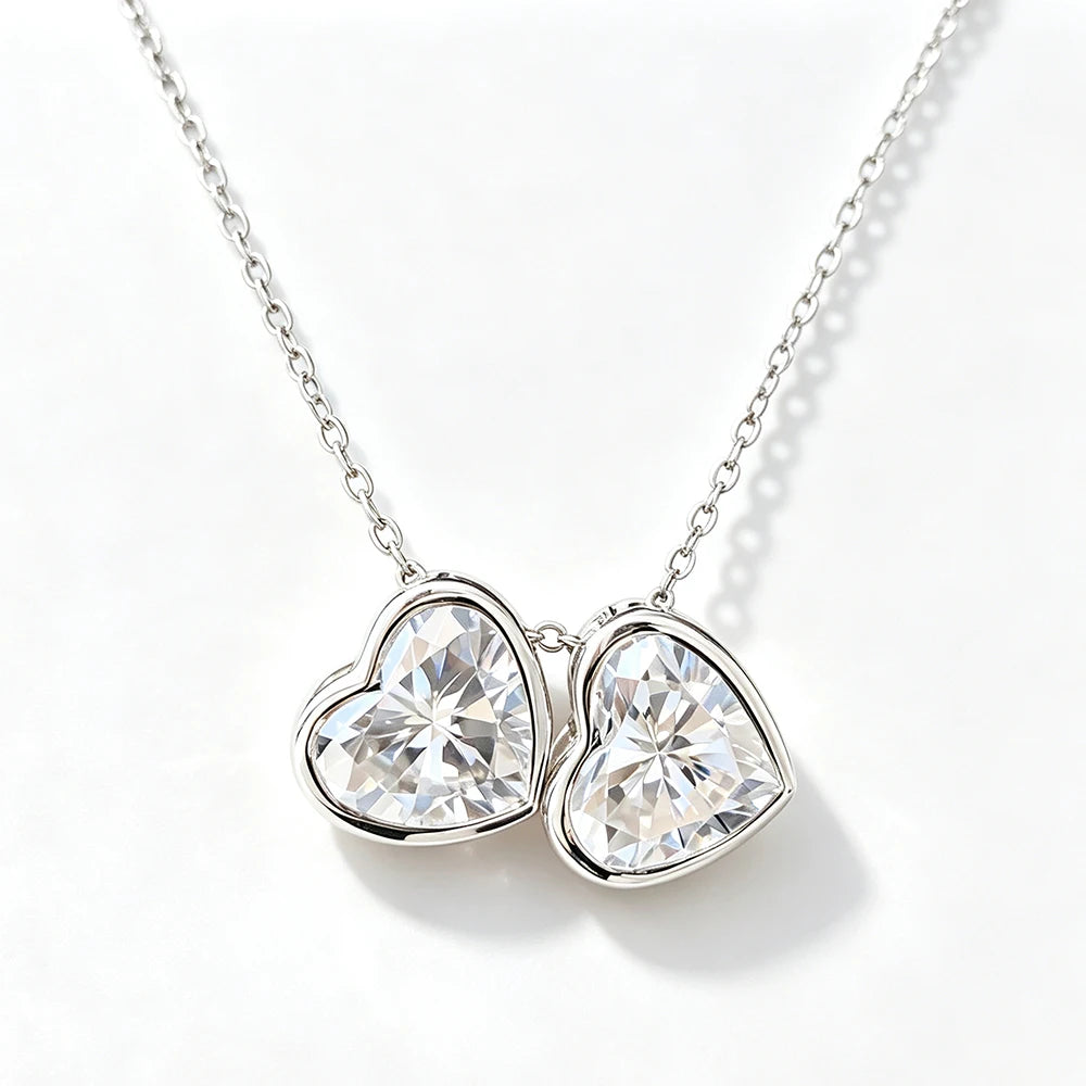 1CT 2CT Heart Shaped Moissanite Pendant Necklace for Women Two Stone Bezel Set Lab Diamond S925 Silver Daily Wear Jewelry Gifts