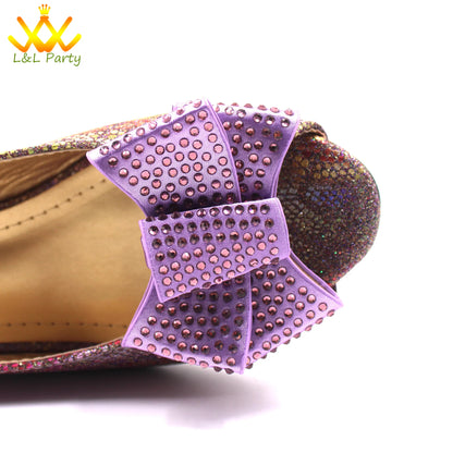 Pink New Arrivals Nigerian Women Shoes and Bag Set Italian Design Low Heels with Crystal Peep Toe Sandals for Party