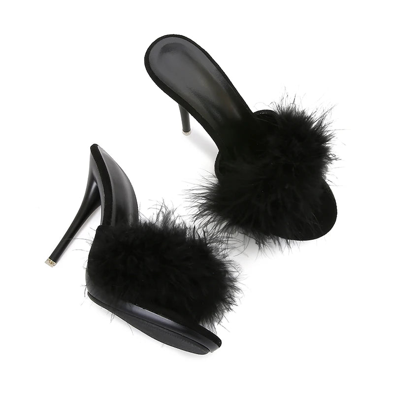 10CM Thin High Heel Summer Furry Slippers For Ladies Mules Fashion Fluffy Fur Slides Sandals 2025 New Brand Women's Party Shoes