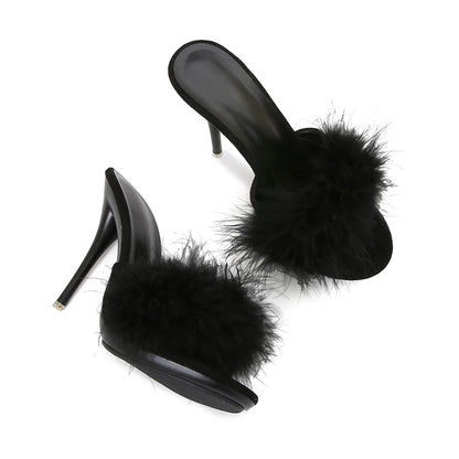 10CM Thin High Heel Summer Furry Slippers For Ladies Mules Fashion Fluffy Fur Slides Sandals 2025 New Brand Women's Party Shoes