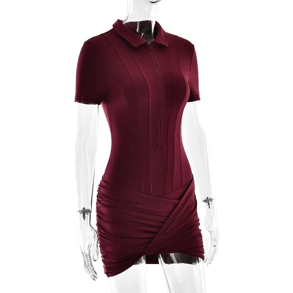 Sibybo Polo Collar Zipper Women Jumpsuits Set Short Sleeve High Elastic Rompers Ruched Bodycon Skirt Spring Casual Matching Sets