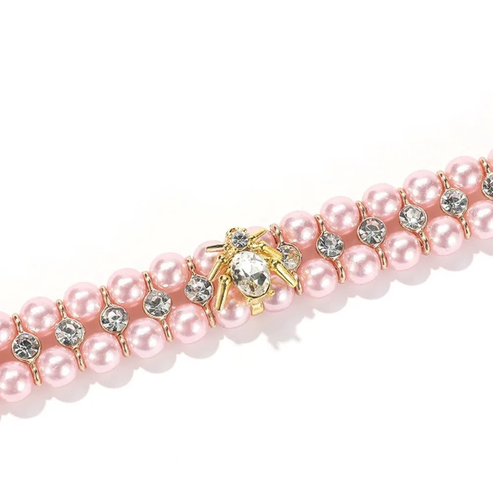 Adjustable Dog Cat Pearl Collars Rhinestone Bling Crystal Cat Necklace Luxury Jewelry PU Neck Strap for Small Dogs for Kitten