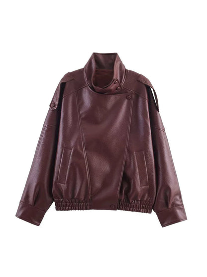 Ailegogo Vintage Chic Black Faux Leather Jackets Women Long Sleeve Button Elastic Oversized Coats Spring Autumn Streetwear Coats