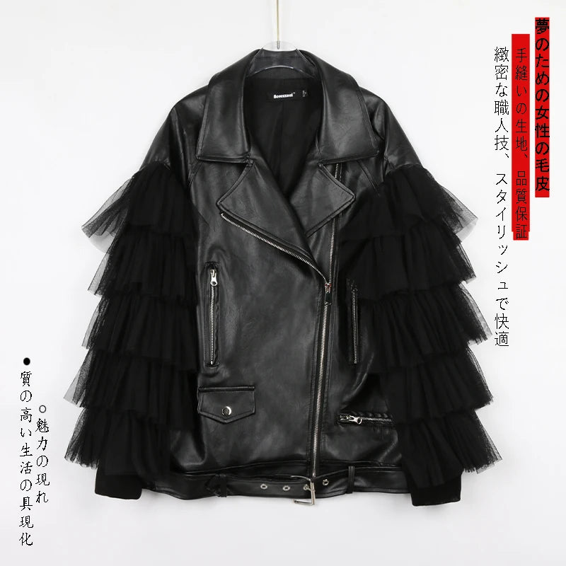 Nerazzurri Spring Autumn Loose Black Faux Leather Jacket Women with Lace Long Sleeves Zipper Belt Luxury Elegant Fashion 2022