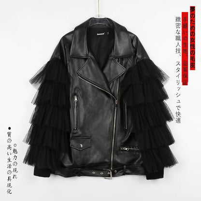 Nerazzurri Spring Autumn Loose Black Faux Leather Jacket Women with Lace Long Sleeves Zipper Belt Luxury Elegant Fashion 2022