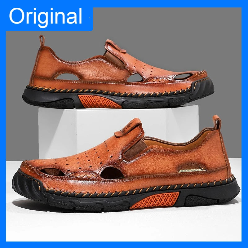 Mens Sandals New Comfortable Slip-on Casual Footwear Plus Size Elastic Soft Sole Lightweight Handmade Leather Walking Sandals