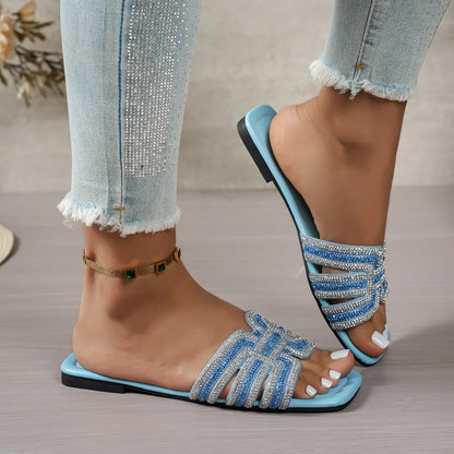 2026 Women Rhinestone Slippers Fashion Non-Slip Shoes Women Outdoor Slippers Designer Square Heel Flat Sandals Slides Women