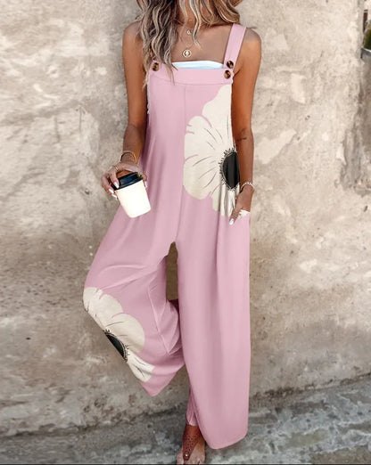 Summer Fashion Thick Strap Jumpsuits for Women Vintage Floral Printed Off Shoulder Wide Leg Loose Straight Jumpsuit with Pocket