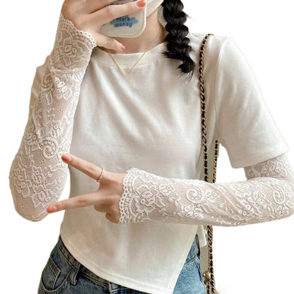 Women Summer Ice Silk Lace Arm Sleeve Elastic Sleeve Driving Gloves Black White Long Fingerless Mittens Sunscreen Gloves