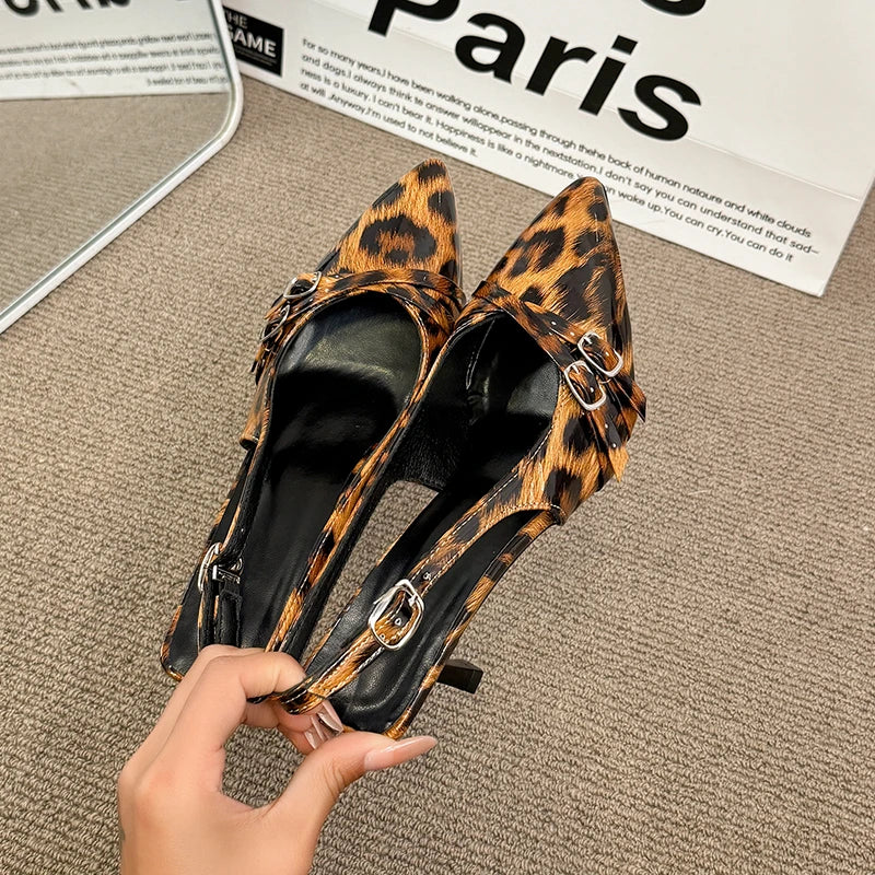 Women's Sandals Leopard Sexy High Heels Shoes Pointed Toe Luxury Pumps Slippers Woman Brand Dress Buckle Ladies De Flip Flops
