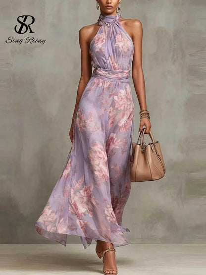 SINGREINY Elegant Green Floral Halter Chiffon Maxi Dresses Trendy Sleeveless A-line 2026 Women Floral Wedding Guest Party Dress