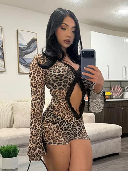 SIsterlinda Leopard Print Wild Playsuits Woman V-Neck Full Sleeve Sexy Hollow Navel Exposed Design Hottie High Street Rompers