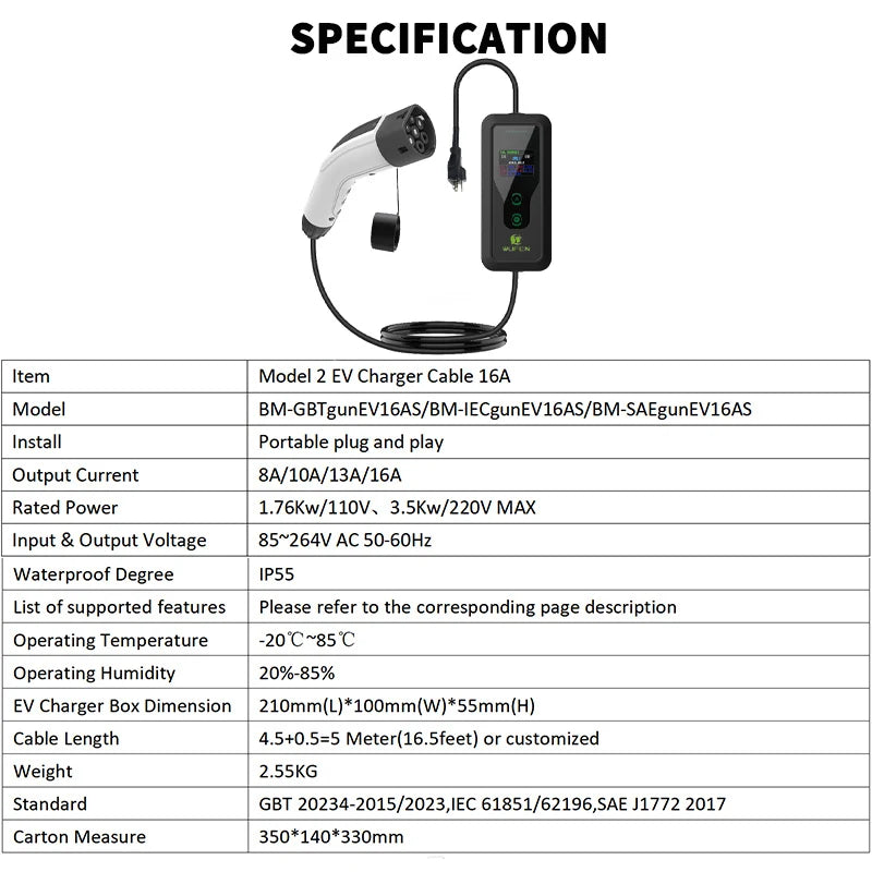 WUFEN Portable Type 2 Charger 110V US NEMA 5-15P Plug Max 3.5kw Type2 EV Charger 16A 1Phase Charging Plug For IEC 62196 Vehicle