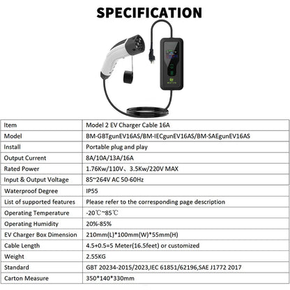 WUFEN Portable Type 2 Charger 110V US NEMA 5-15P Plug Max 3.5kw Type2 EV Charger 16A 1Phase Charging Plug For IEC 62196 Vehicle