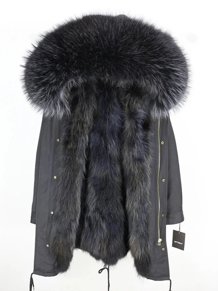 Real Fur Coat Winter Jacket Women Long Parka Waterproof Big Natural Raccoon Fur Collar Hood Thick Warm Real Fox Fur Liner coat