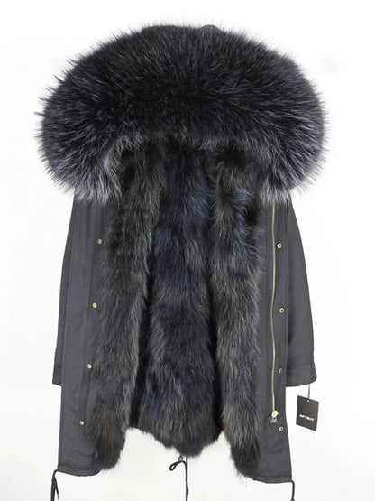 Real Fur Coat Winter Jacket Women Long Parka Waterproof Big Natural Raccoon Fur Collar Hood Thick Warm Real Fox Fur Liner coat
